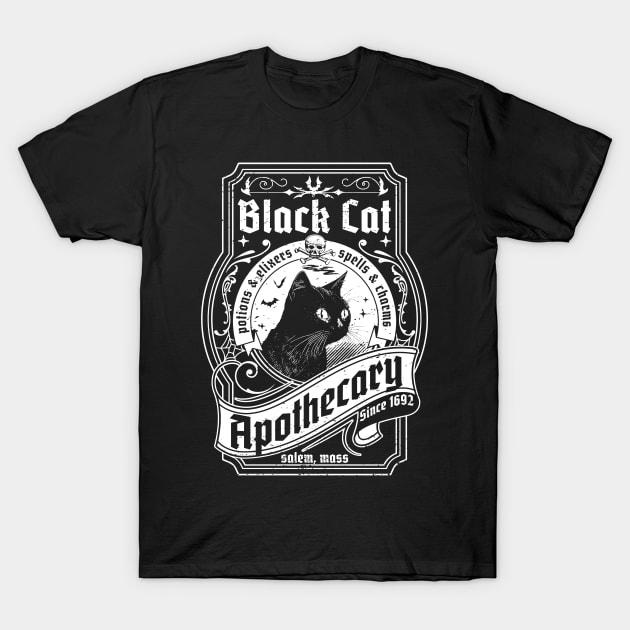 Black Cat Apothecary - Salem 1692 Retro Vintage Halloween T-Shirt by OrangeMonkeyArt